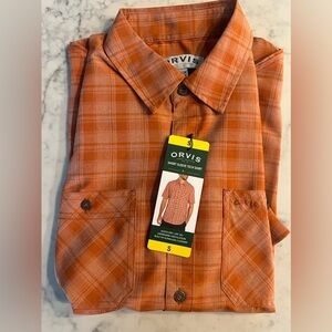 New ORVIS Men's Short Sleeve Woven Tech Shirt Small Orange Plaid UPF 30+